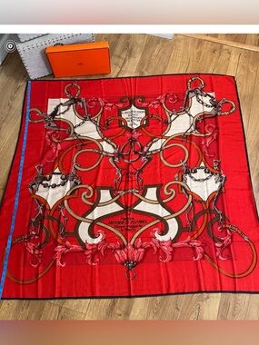 Hermes Red Multicolor Equestrian Print shawl cashemer and silk